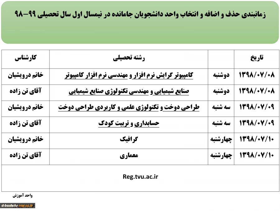 زمانبندی حذف و اضافه و انتخاب واحد دانشجویان جامانده در نیمسال اول سال تحصیلی 98-99