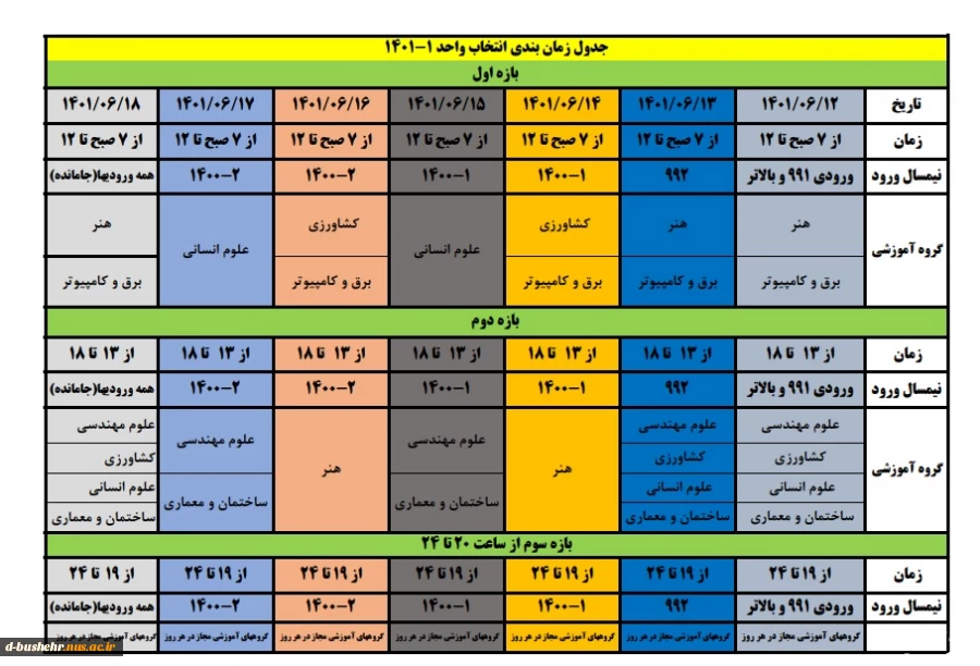 تقویم آموزشی و برنامه زمان بندی انتخاب واحد دانشجویان دوره های کارشناسی وکاردانی در نیمسال اول سال تحصیلی 1402 – 1401 دانشکده فنی و حرفه ای دختران بوشهر 6