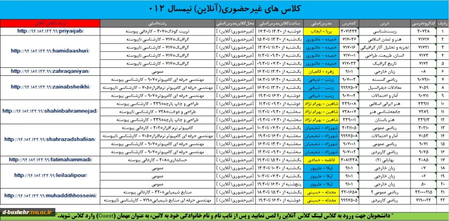 کلاس های آنلاین  و حضوری نیمسال 012 _ مرکز الزهرا(س) 2