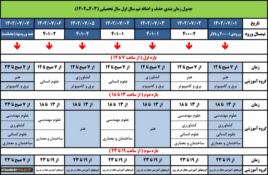 جدول زمانبندی حذف و اضافه نیمسال اول سال تحصیلی 403ـ1402 2