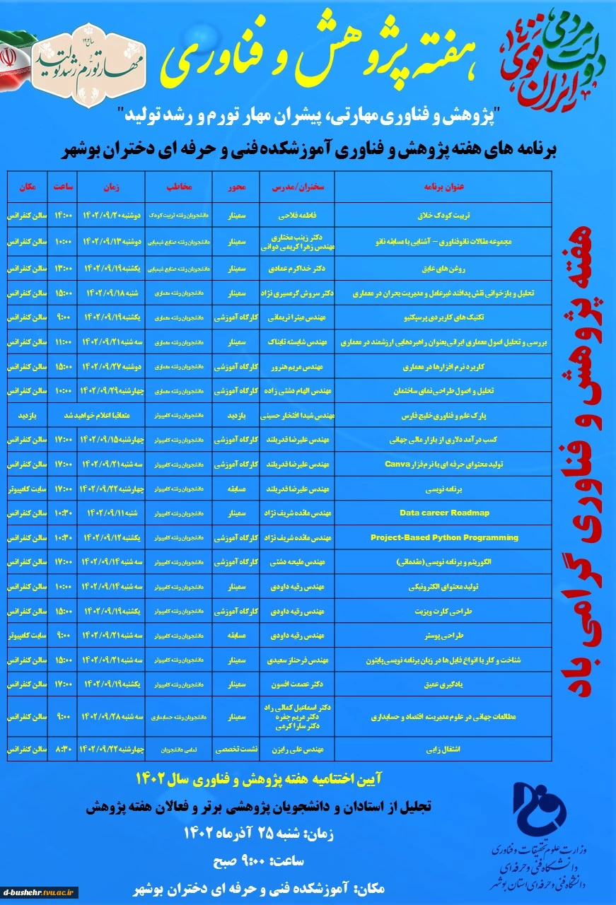 تقویم اجرایی برنامه های هفته پژوهش و فناوری آموزشکده فنی و حرفه‌ای دختران بوشهر در سال 1402 2