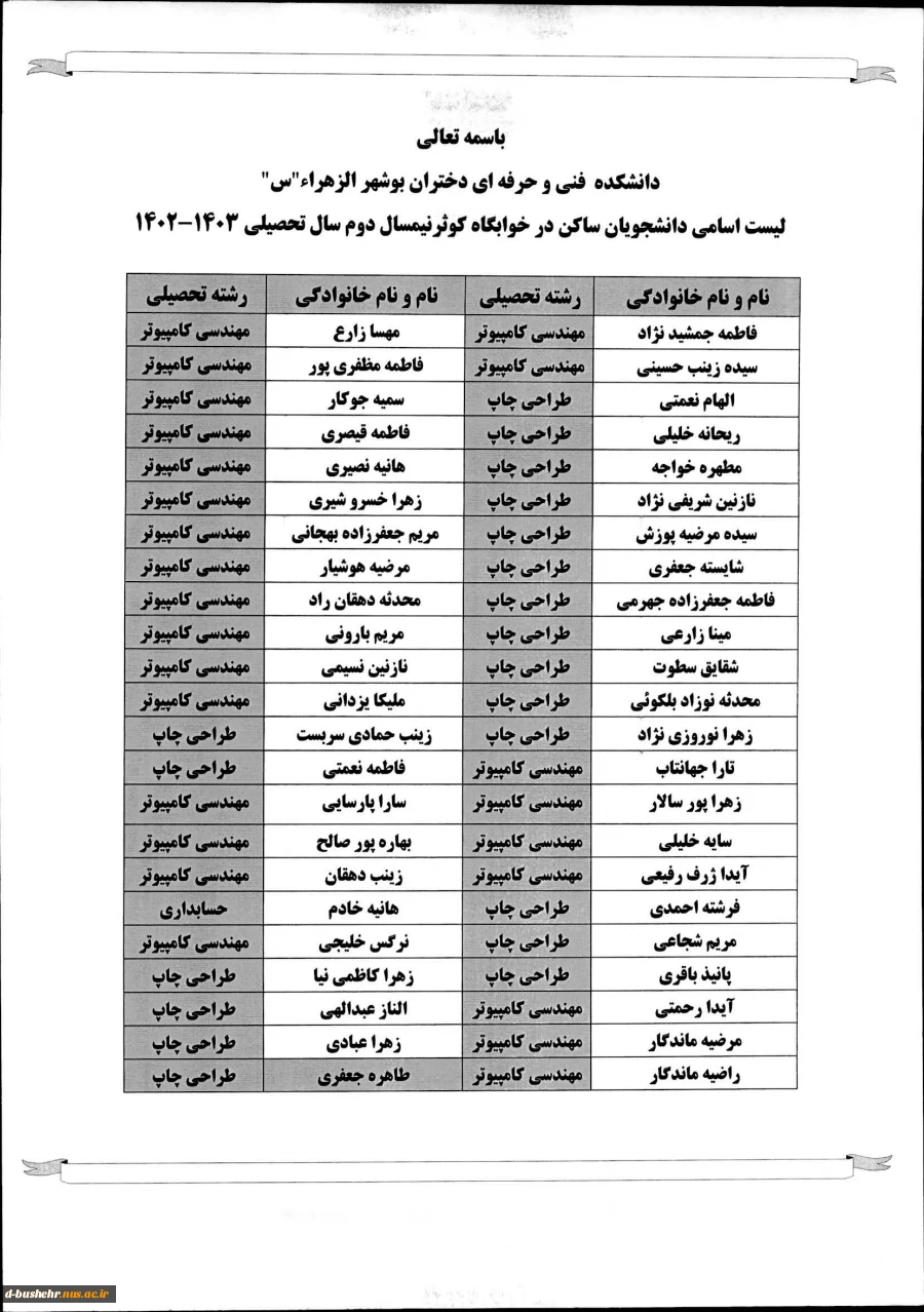 اطلاعیه تحویل خوابگاه جهت نیمسال اول 403-1402 _ آموزشکده فنی و حرفه ای دختران بوشهر 4