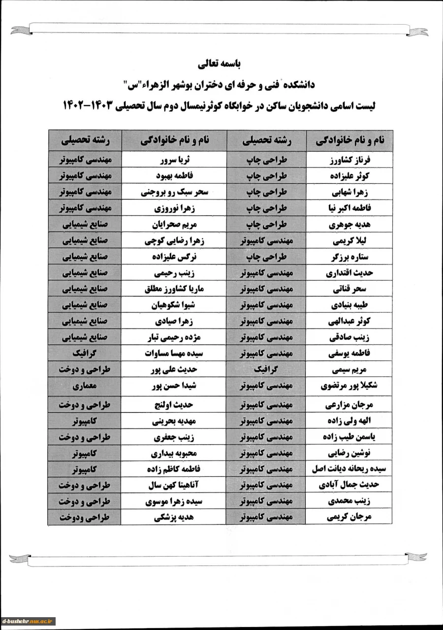 اطلاعیه تحویل خوابگاه جهت نیمسال اول 403-1402 _ آموزشکده فنی و حرفه ای دختران بوشهر 6