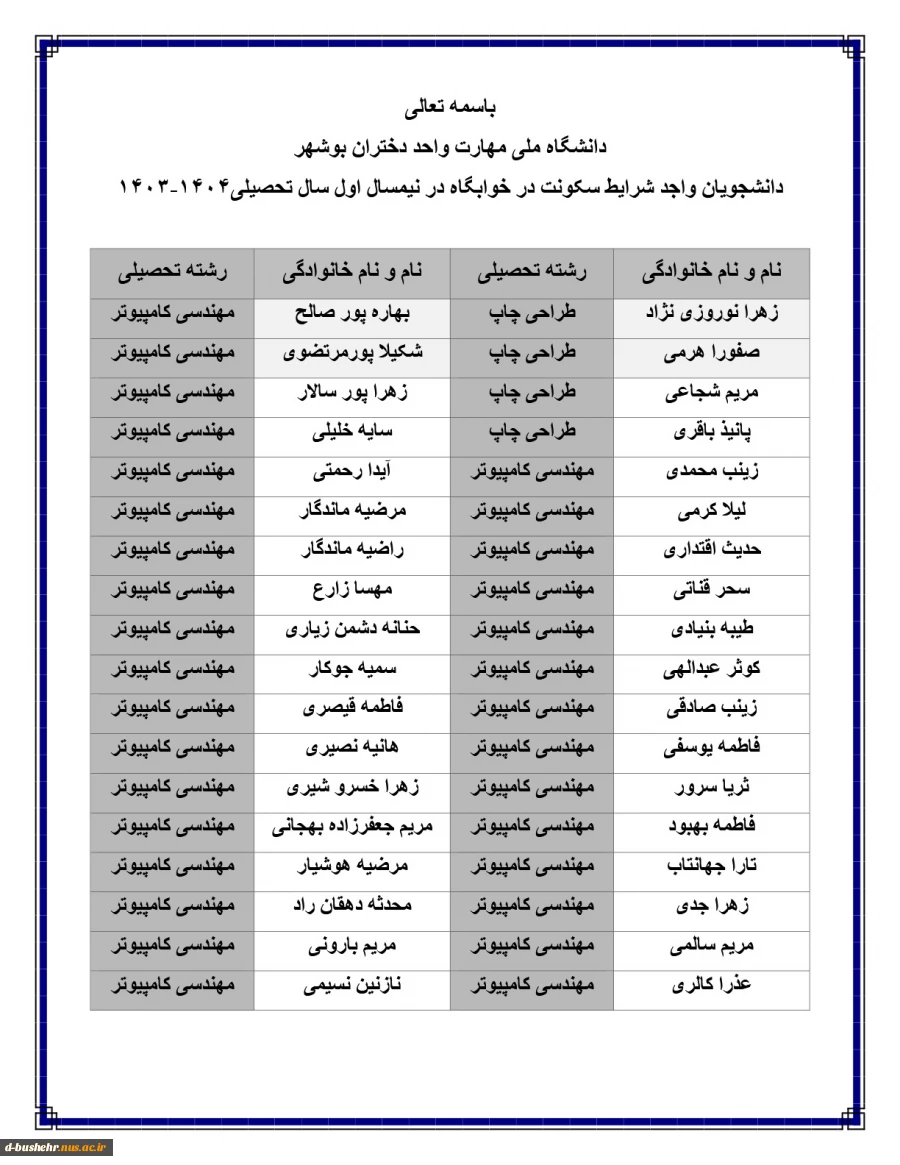 اطلاعیه اعلام اسامی دانشجویان خوابگاهی جهت نیمسال اول 404-1403 6