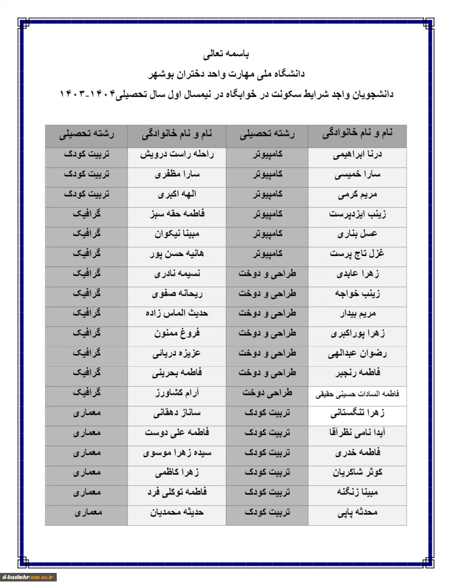 اطلاعیه اعلام اسامی دانشجویان خوابگاهی جهت نیمسال اول 404-1403 3