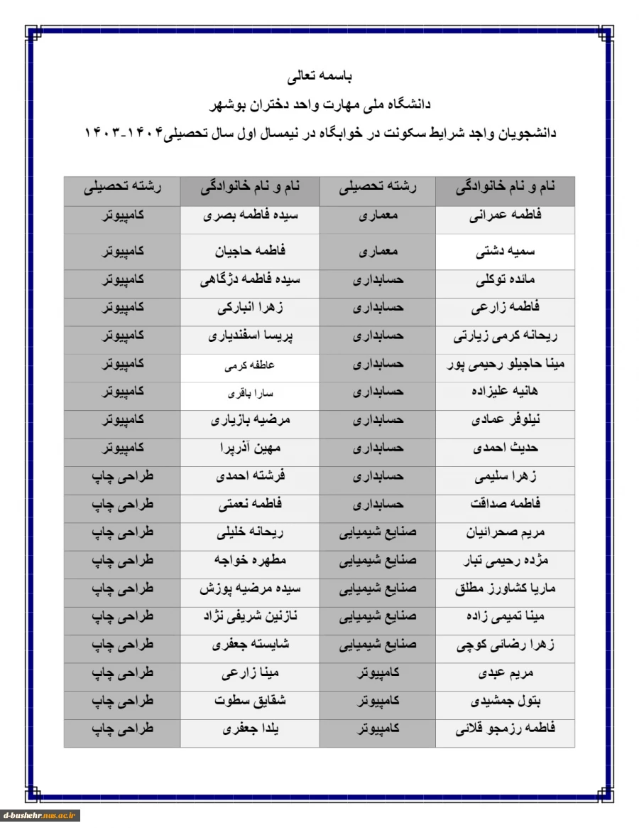 اطلاعیه اعلام اسامی دانشجویان خوابگاهی جهت نیمسال اول 404-1403 4