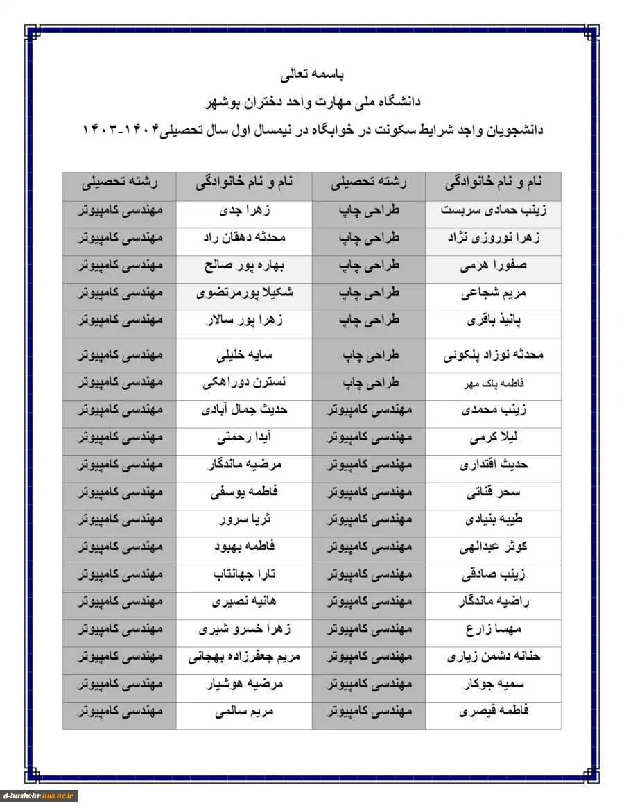 اطلاعیه اعلام اسامی دانشجویان خوابگاهی جهت نیمسال اول 404-1403 5