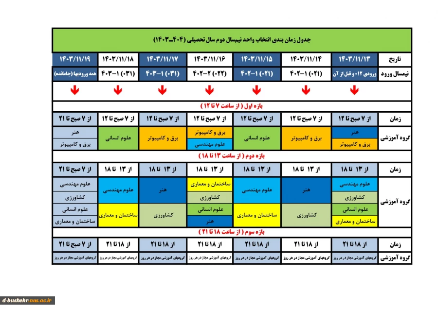 جدول زمان‌بندی انتخاب واحد و حذف و اضافه نیمسال دوم 404-1403 دانشگاه ملی مهارت 2